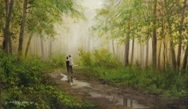 Painting titled "In The Green Forest" by Faramarz Mokhtarpour, Original Artwork, Oil