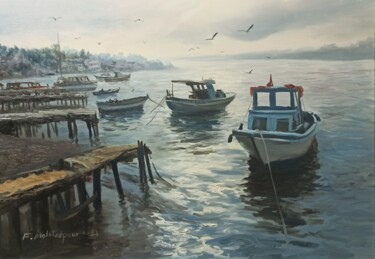 Malerei mit dem Titel "Boots On The Beach" von Faramarz Mokhtarpour, Original-Kunstwerk, Öl