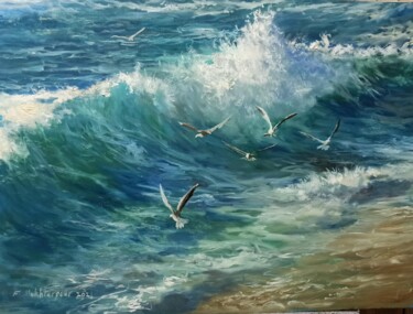 Malarstwo zatytułowany „Waves And Seabirds” autorstwa Faramarz Mokhtarpour, Oryginalna praca, Olej