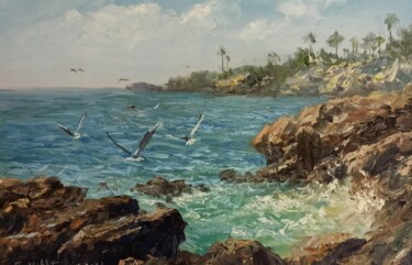 Painting titled "On The Rocky Beach" by Faramarz Mokhtarpour, Original Artwork, Oil