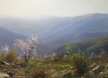 Картина под названием "Blossoms On The Hill" - Faramarz Mokhtarpour, Подлинное произведение искусства, Масло