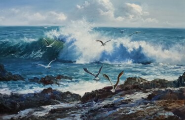 Painting titled "Seabirds And Waves" by Faramarz Mokhtarpour, Original Artwork, Oil