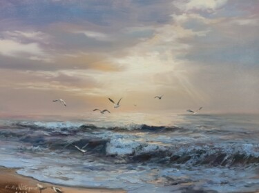 Painting titled "The Beach and Sunri…" by Faramarz Mokhtarpour, Original Artwork, Oil