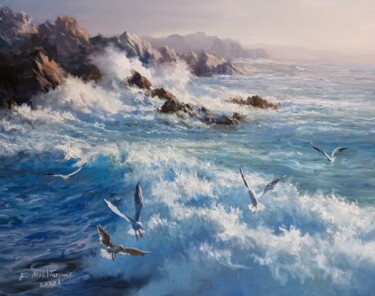 Картина под названием "The Rocky Beach" - Faramarz Mokhtarpour, Подлинное произведение искусства, Масло