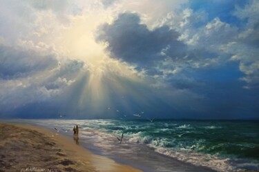 Painting titled "Sun On The Beach" by Faramarz Mokhtarpour, Original Artwork, Oil