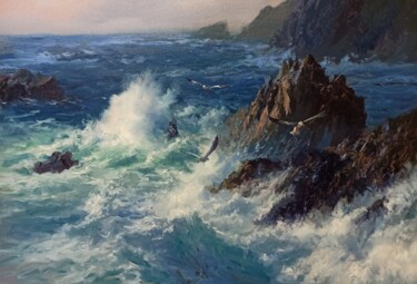 Painting titled "Waves On Rocks" by Faramarz Mokhtarpour, Original Artwork, Oil
