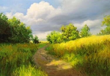 Painting titled "Spring on the Field" by Faramarz Mokhtarpour, Original Artwork, Oil