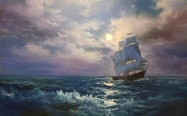 Ζωγραφική με τίτλο "Moonlight On The Sea" από Faramarz Mokhtarpour, Αυθεντικά έργα τέχνης, Λάδι