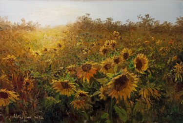 Painting titled "Sunset and Sunflowe…" by Faramarz Mokhtarpour, Original Artwork, Oil