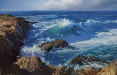 Painting titled "The Rocky Beach and…" by Faramarz Mokhtarpour, Original Artwork, Oil