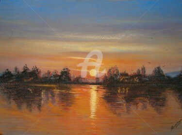 Картина под названием "Ночь на реке" - Юрий Маловица, Подлинное произведение искусства, Пастель