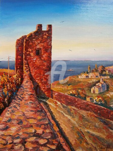 Картина под названием "Крепость в красном…" - Юрий Маловица, Подлинное произведение искусства, Масло
