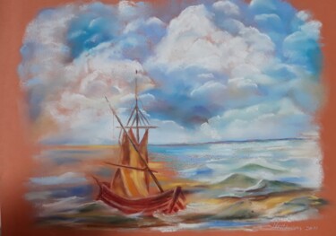 Painting titled "Segelboot in rauher…" by Eva Hedbabny, Original Artwork, Pastel