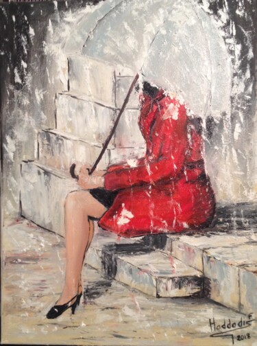 Painting titled "La dame en rouge" by Farid Haddadi, Original Artwork, Oil