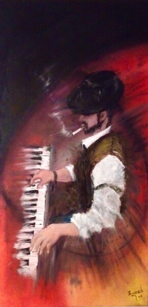 Painting titled "Le musicien" by Farid Haddadi, Original Artwork, Oil