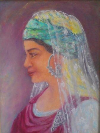 Painting titled "Coiffe Chaouia (pei…" by Farida Benmahmoud, Original Artwork