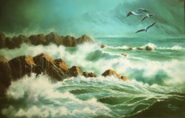 Painting titled "Vagues" by Faris Al-Rawi, Original Artwork, Oil