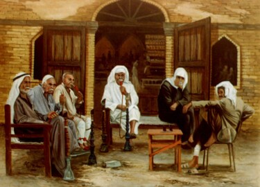 Peinture intitulée "Café d'Azzaoui" par Faris Al-Rawi, Œuvre d'art originale, Huile