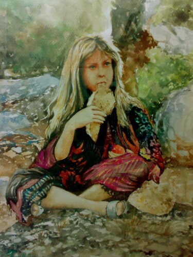 Schilderij getiteld "Fille kurde 20x30" door Faris Al-Rawi, Origineel Kunstwerk, Olie
