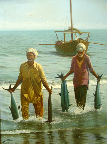 Peinture intitulée "Pêche" par Faris Al-Rawi, Œuvre d'art originale, Huile
