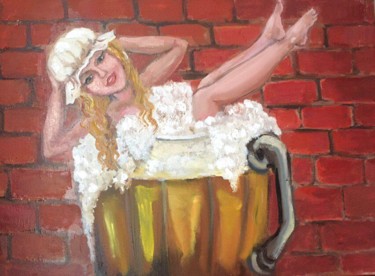 Painting titled "Girl with Beers,Wal…" by Elena Farshidi, Original Artwork, Oil Mounted on Wood Stretcher frame