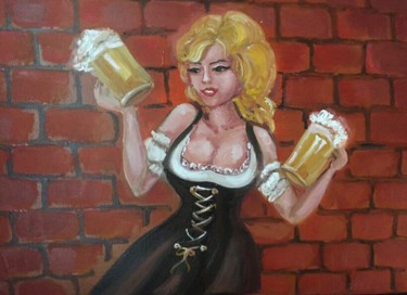 Painting titled "Girl with Beers,Wal…" by Elena Farshidi, Original Artwork, Oil Mounted on Wood Stretcher frame