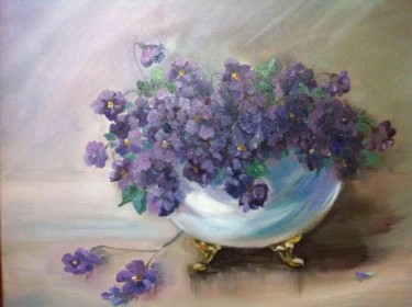 Painting titled "Violets in a vase,B…" by Elena Farshidi, Original Artwork, Oil Mounted on Wood Stretcher frame