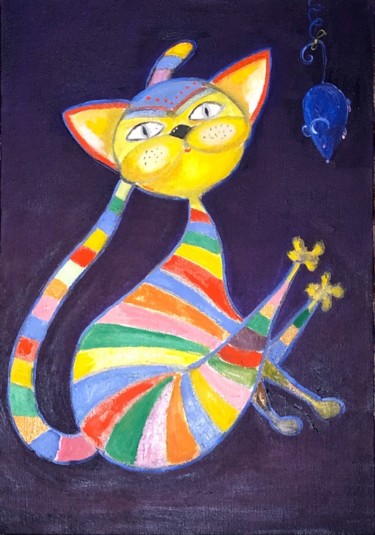 Painting titled "Cat painting oil or…" by Elena Farshidi, Original Artwork, Oil Mounted on Wood Stretcher frame