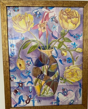 Desenho intitulada "La vase et fleur" por Farnaz Pishro, Obras de arte originais, Aquarela