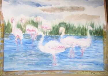 Peinture intitulée "Les flamants roses" par Farnaz Pishro, Œuvre d'art originale, Aquarelle