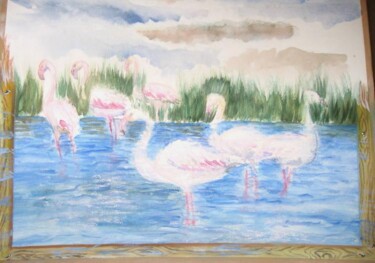 Painting titled "Les flamants roses" by Farnaz Pishro, Original Artwork, Watercolor