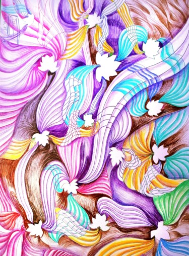 Dessin intitulée "La fête des rubans" par Farnaz Pishro, Œuvre d'art originale, Crayon