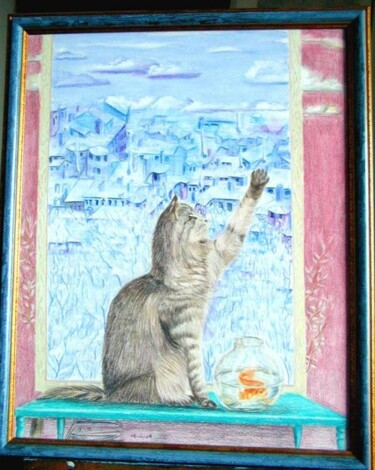 Картина под названием "Le chat et le  pois…" - Farnaz Pishro, Подлинное произведение искусства, Карандаш