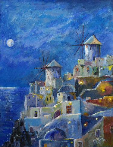 Painting titled "Blue Sentorini Nigh…" by Faruk Köksal, Original Artwork, Acrylic