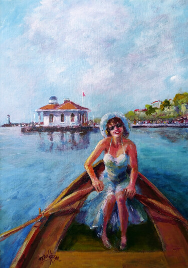 Painting titled "Lady in a rowboat" by Faruk Köksal, Original Artwork, Acrylic Mounted on Wood Stretcher frame