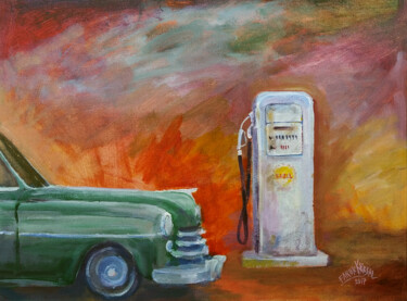 Painting titled "Green Automobile an…" by Faruk Köksal, Original Artwork, Acrylic Mounted on Wood Stretcher frame