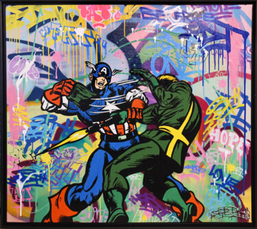 Painting titled "Capitaine America" by Fat, Original Artwork, Acrylic Mounted on Wood Stretcher frame
