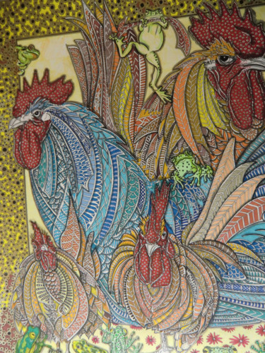 Desenho intitulada "coqs et poules" por Fatiha El Hadi, Obras de arte originais, Tinta