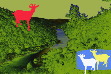 Arte digitale intitolato "Goats playing in a…" da Fatima Fernandes, Opera d'arte originale, Collage digitale