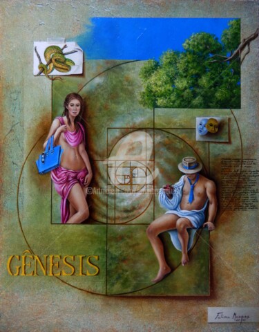 Painting titled "Gênesis" by Fatima Marques, Original Artwork, Oil Mounted on Cardboard