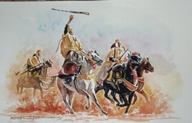 Painting titled "Horses and knights" by Faudhil Tamine, Original Artwork, Watercolor