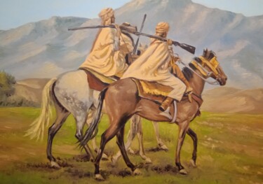 Painting titled "Ridding on horses" by Faudhil Tamine, Original Artwork, Oil
