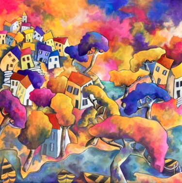 Malarstwo zatytułowany „Village arboré en b…” autorstwa Fauve, Oryginalna praca, Akryl Zamontowany na Drewniana rama noszy