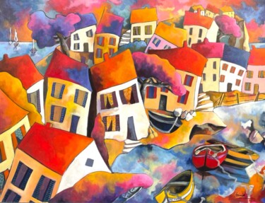 Malarstwo zatytułowany „Village en bord de…” autorstwa Fauve, Oryginalna praca, Akryl Zamontowany na Drewniana rama noszy