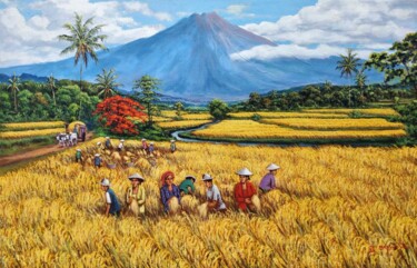 Painting titled "Rice Harvest" by Fauzan A., Original Artwork, Oil