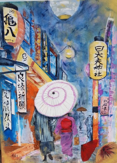 Painting titled "Rue de Osaka" by Faver, Original Artwork, Acrylic Mounted on Wood Stretcher frame