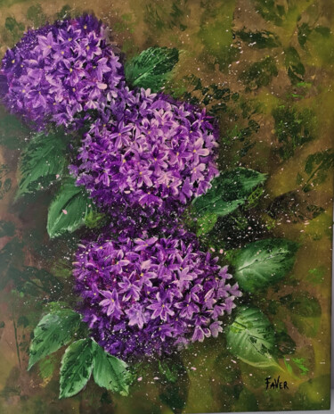 Painting titled "Les hortensias" by Faver, Original Artwork, Acrylic Mounted on Wood Stretcher frame