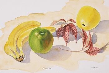 Painting titled "Bananes...pommes" by Francis Cordina, Original Artwork