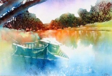 Painting titled "Barques à Vernaison" by Francis Cordina, Original Artwork