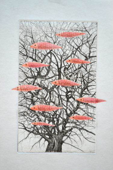 Dessin intitulée "Arbre à poissons" par François Crinel, Œuvre d'art originale, Conté
